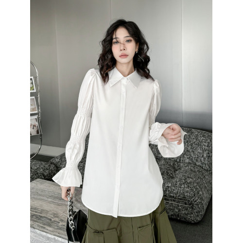 港風小衆設計感泡泡袖襯衫女2026春新款時尚寬鬆百搭長袖純色襯衣