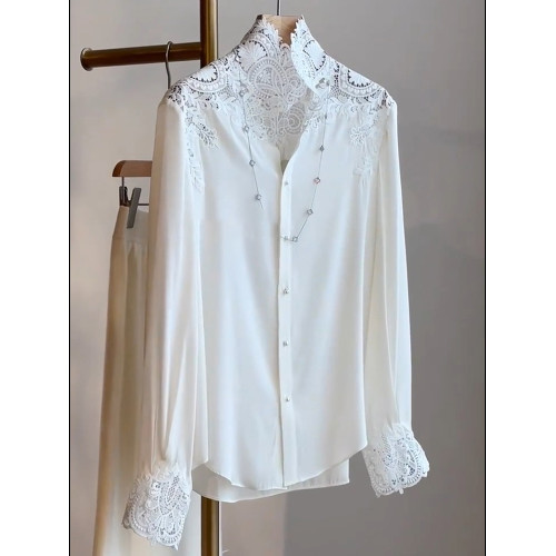 氣質休閒蕾絲立領白色襯衫2025新款優雅寬鬆洋氣顯瘦襯衣時髦上衣