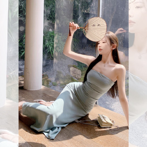 叛逆千金風抽褶彈力抹胸連衣裙2025新款法式開叉包臀長裙子女夏季