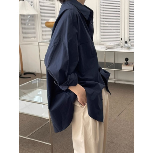 藏藍襯衫外套女慵懶chic韓版春裝寬鬆小衆襯衣廓形設計感休閒上衣