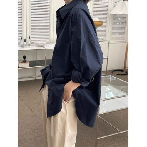 藏藍襯衫外套女慵懶chic韓版春裝寬鬆小衆襯衣廓形設計感休閒上衣