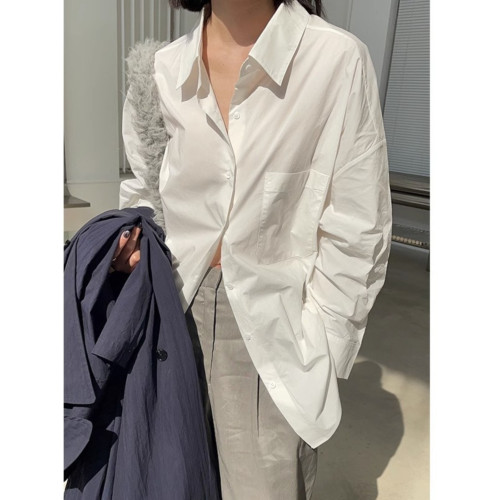 藏藍襯衫外套女慵懶chic韓版春裝寬鬆小衆襯衣廓形設計感休閒上衣