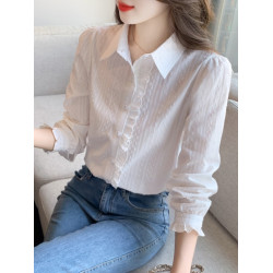 2025年春秋季新款女裝時尚百搭純棉襯衫女洋氣全棉polo領長袖上衣