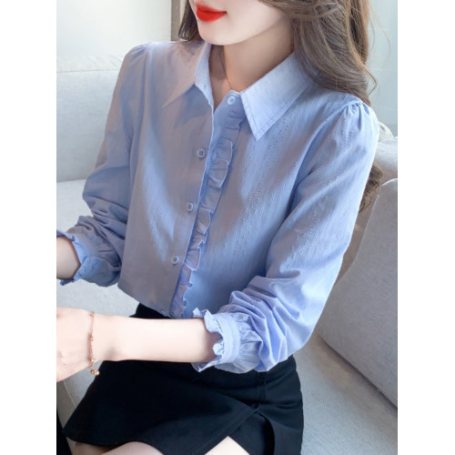 2025年春秋季新款女裝時尚百搭純棉襯衫女洋氣全棉polo領長袖上衣