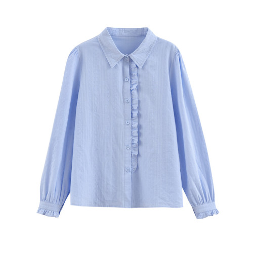 2025年春秋季新款女裝時尚百搭純棉襯衫女洋氣全棉polo領長袖上衣