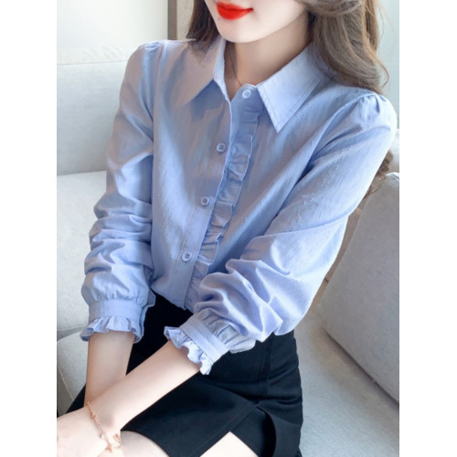 2025年春秋季新款女裝時尚百搭純棉襯衫女洋氣全棉polo領長袖上衣