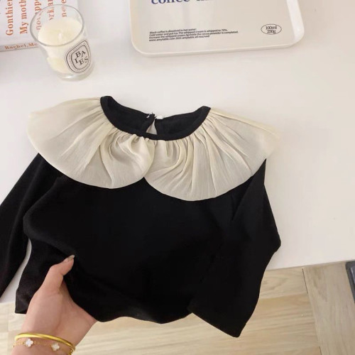 女寶寶花邊領打底衫2025春秋薄款長袖上衣小女孩甜美韓版彈力T恤