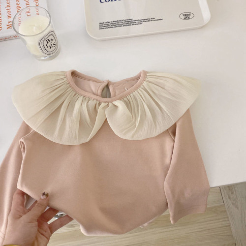 女寶寶花邊領打底衫2025春秋薄款長袖上衣小女孩甜美韓版彈力T恤