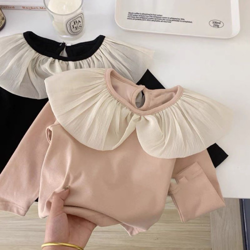 女寶寶花邊領打底衫2025春秋薄款長袖上衣小女孩甜美韓版彈力T恤