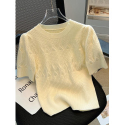 清倉撿漏~專櫃夏季法式泡泡短袖圓領針織T恤女洋氣短款小上衣