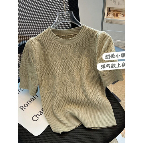 清倉撿漏~專櫃夏季法式泡泡短袖圓領針織T恤女洋氣短款小上衣