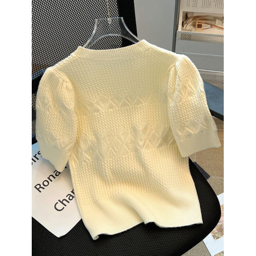 清倉撿漏~專櫃夏季法式泡泡短袖圓領針織T恤女洋氣短款小上衣