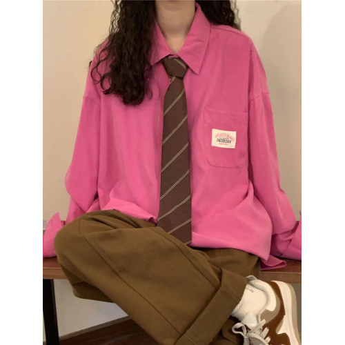 美式復古長袖襯衫女春秋冬新款外搭外套上衣學院風繙領Polo襯衣