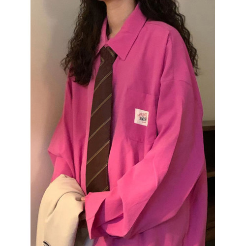 美式復古長袖襯衫女春秋冬新款外搭外套上衣學院風繙領Polo襯衣