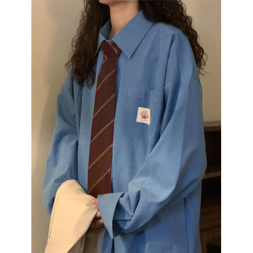 美式復古長袖襯衫女春秋冬新款外搭外套上衣學院風繙領Polo襯衣