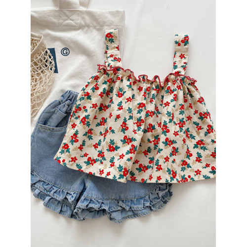 女寶寶碎花吊帶套裝2025夏季新款兒1童百搭上衣女3童韓版兩件套潮