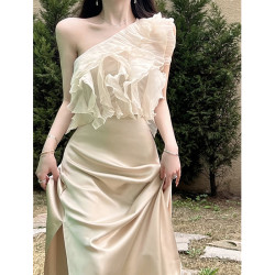 yaoxiaojie/姚小姐荷葉邊雪紡衫女夏季設計感小衆無袖斜肩上衣