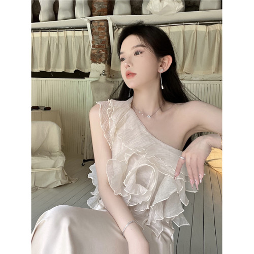 yaoxiaojie/姚小姐荷葉邊雪紡衫女夏季設計感小衆無袖斜肩上衣