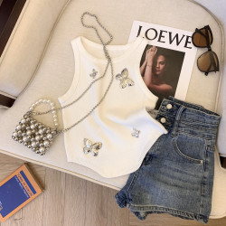 專櫃撤廻剪標小香風蝴蝶別針吊帶背心女夏季新款外穿不規則短上衣