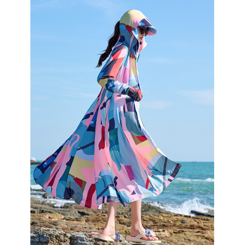 印花防曬衣女過膝長款2024新款夏季防紫外線薄款大碼風衣外套服