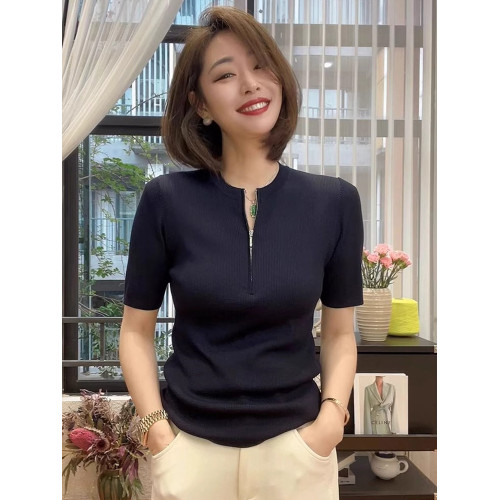 氣質高級感冰絲針織衫夏季新款設計感半拉鍊套頭打底衫修身上衣女