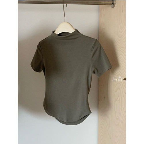 南油高級女裝剪標收腰半高領短袖正肩T恤設計感辣妹純色上衣