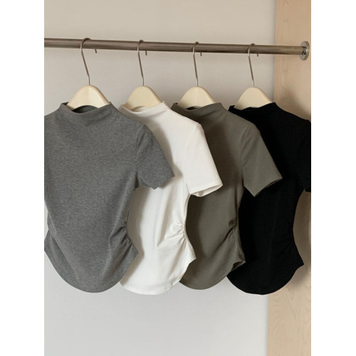 南油高級女裝剪標收腰半高領短袖正肩T恤設計感辣妹純色上衣