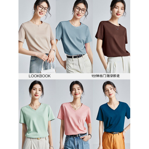 80S高支高密雙面絲光棉透氣液氮冰感涼爽防曬吸汗長絨棉短袖t恤女