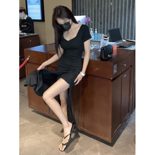 性感V領開叉連衣裙女夏季2025年新款修身顯瘦褶皺包臀長款t恤裙子