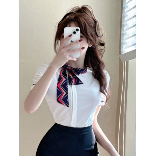 夏白色襯衫女上衣短袖工作服前台空姐製服氣質修身蝴蝶結職業襯衣