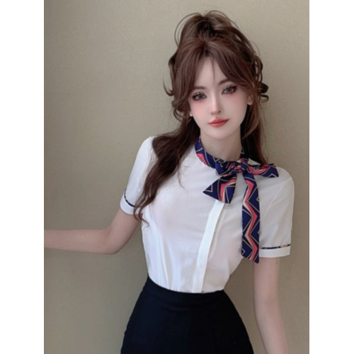 夏白色襯衫女上衣短袖工作服前台空姐製服氣質修身蝴蝶結職業襯衣