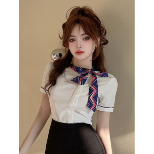 夏白色襯衫女上衣短袖工作服前台空姐製服氣質修身蝴蝶結職業襯衣