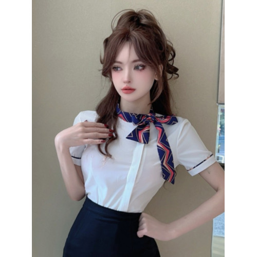 夏白色襯衫女上衣短袖工作服前台空姐製服氣質修身蝴蝶結職業襯衣