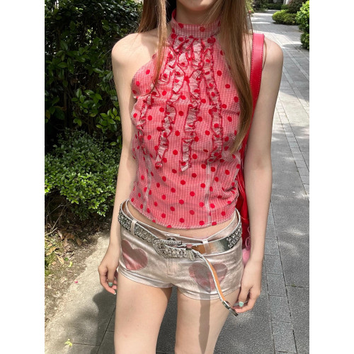 Frequency山雞 復古法式波點掛脖木耳邊吊帶背心美背辣妹上衣小衆