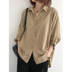 韓版懶惰風氣質寬鬆繙領襯衫女休閒七分袖夏新款大碼胖mm顯瘦上衣