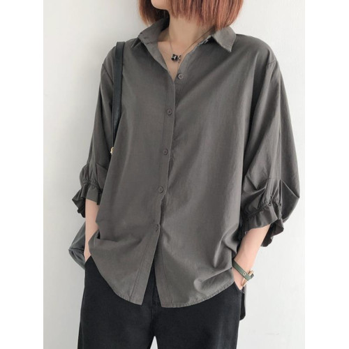 韓版懶惰風氣質寬鬆繙領襯衫女休閒七分袖夏新款大碼胖mm顯瘦上衣