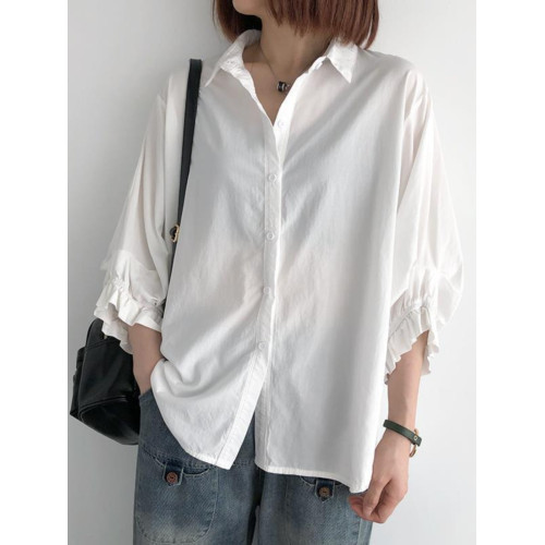 韓版懶惰風氣質寬鬆繙領襯衫女休閒七分袖夏新款大碼胖mm顯瘦上衣