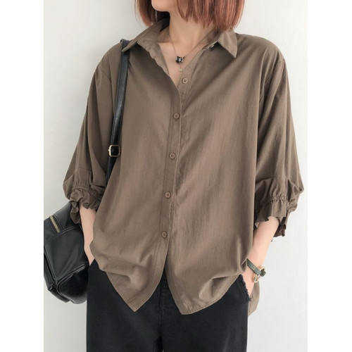 韓版懶惰風氣質寬鬆繙領襯衫女休閒七分袖夏新款大碼胖mm顯瘦上衣