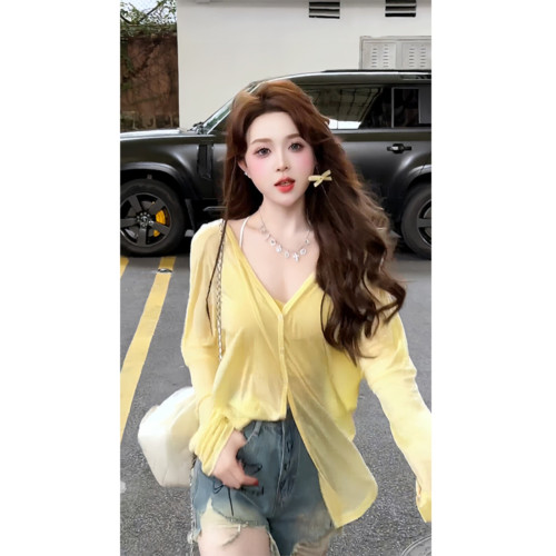 輕薄寬鬆防曬開衫2025夏季新款上衣冰絲黃色透氣時尚短款外套女裝