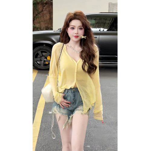 輕薄寬鬆防曬開衫2025夏季新款上衣冰絲黃色透氣時尚短款外套女裝