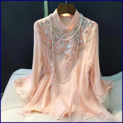 風改良旗袍刺綉襯衫2025春夏季新款設計感寬鬆顯瘦中式上衣女