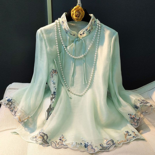 風改良旗袍刺綉襯衫2025春夏季新款設計感寬鬆顯瘦中式上衣女