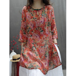 商場折釦店撤櫃復古棉麻襯衫女文藝印花輕薄寬鬆洋氣休閒百搭上衣