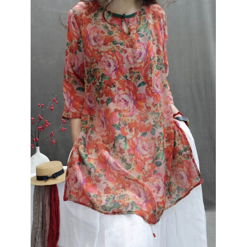 商場折釦店撤櫃復古棉麻襯衫女文藝印花輕薄寬鬆洋氣休閒百搭上衣