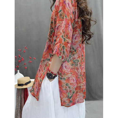 商場折釦店撤櫃復古棉麻襯衫女文藝印花輕薄寬鬆洋氣休閒百搭上衣