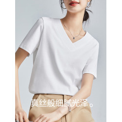 雙面絲光棉透氣液氮冰感涼爽防曬吸汗長絨棉寬V領不變形短袖t恤女