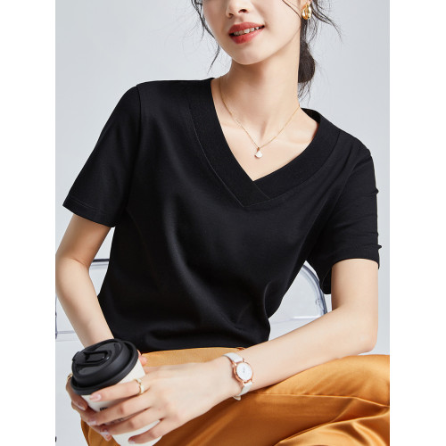 雙面絲光棉透氣液氮冰感涼爽防曬吸汗長絨棉寬V領不變形短袖t恤女