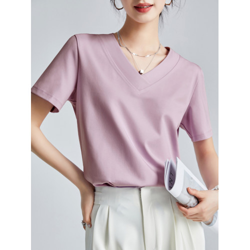 雙面絲光棉透氣液氮冰感涼爽防曬吸汗長絨棉寬V領不變形短袖t恤女