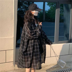 特大碼300斤慵懶風學生中長款格子衫女胖mm寬鬆復古薄款防曬衣ins