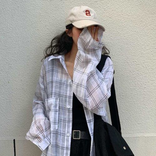 特大碼300斤慵懶風學生中長款格子衫女胖mm寬鬆復古薄款防曬衣ins